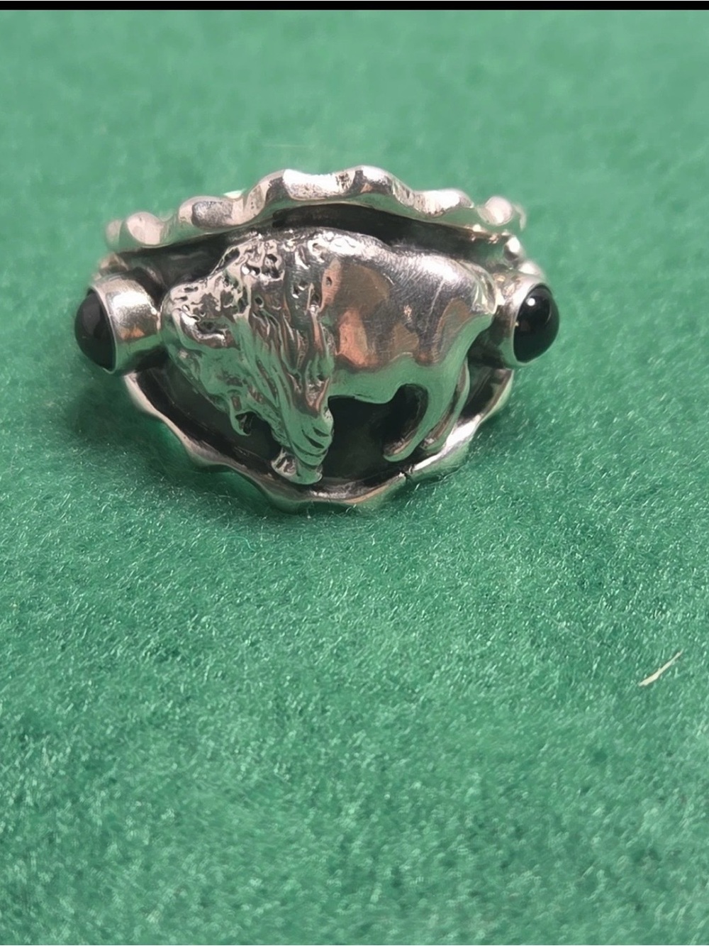 Sterling Silver Buffalo Motif Ring with Black Stone Accents - Silver-mens size14